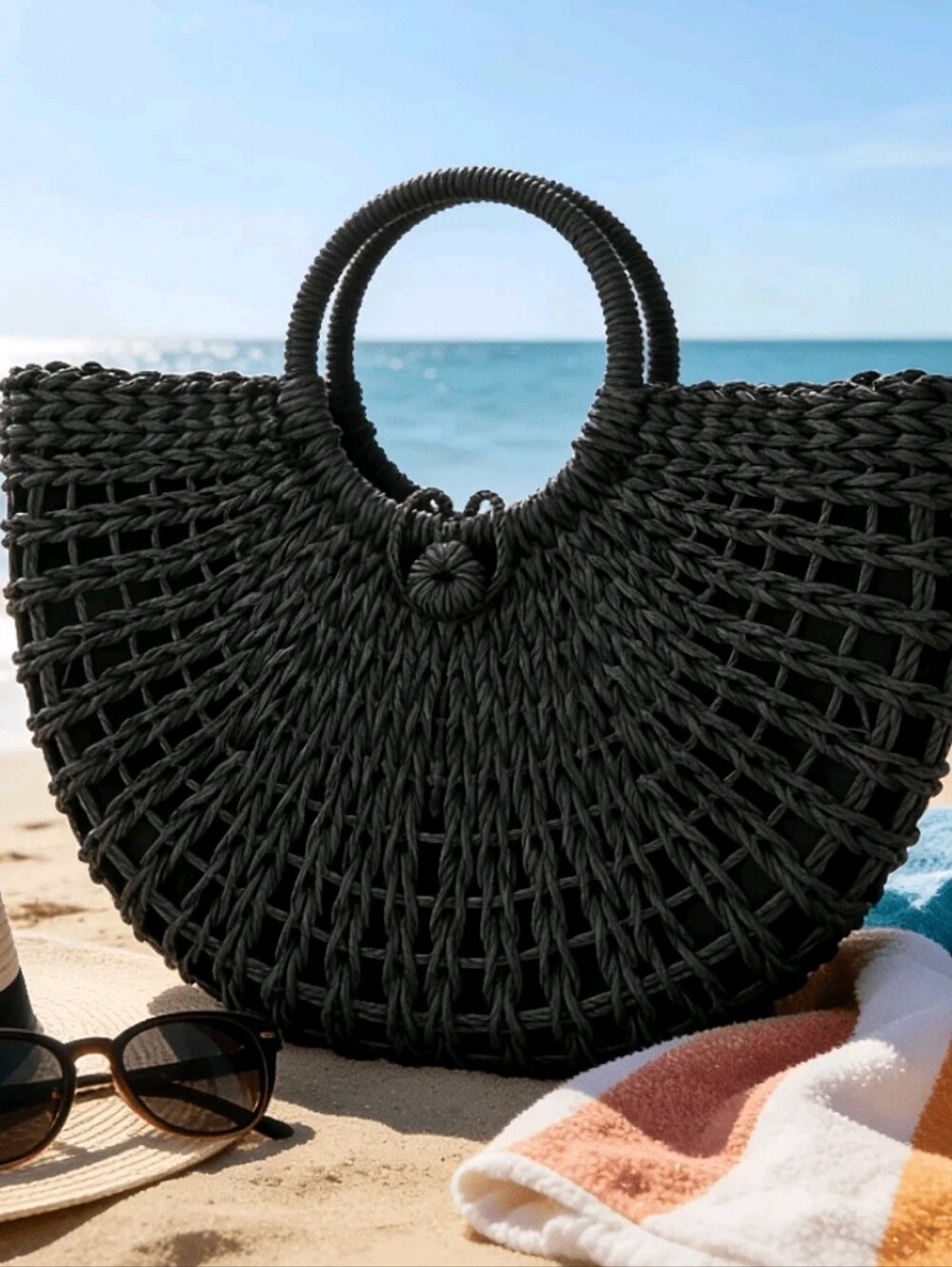 Black Woven Round-Handle Tote Bag